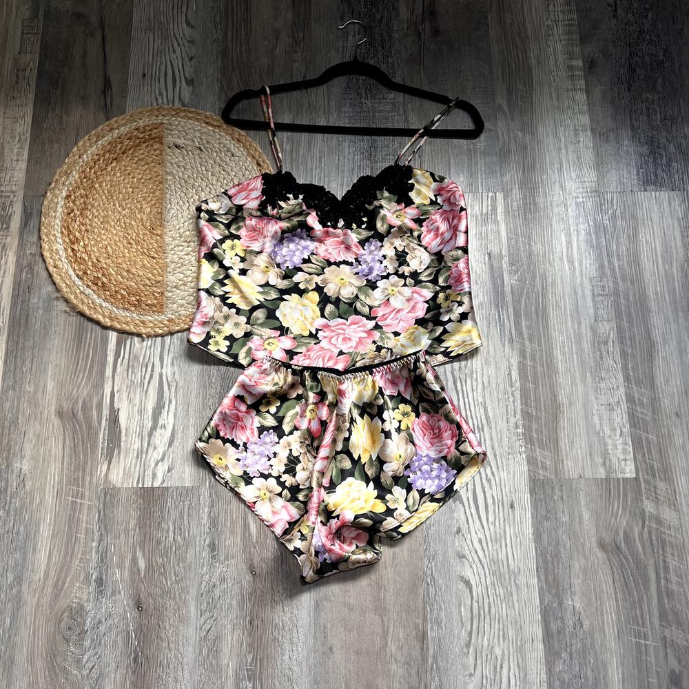 VICTORIA'S SECRET Gold Label Vtg Floral Print Satin Camisole & Short Pajama Set